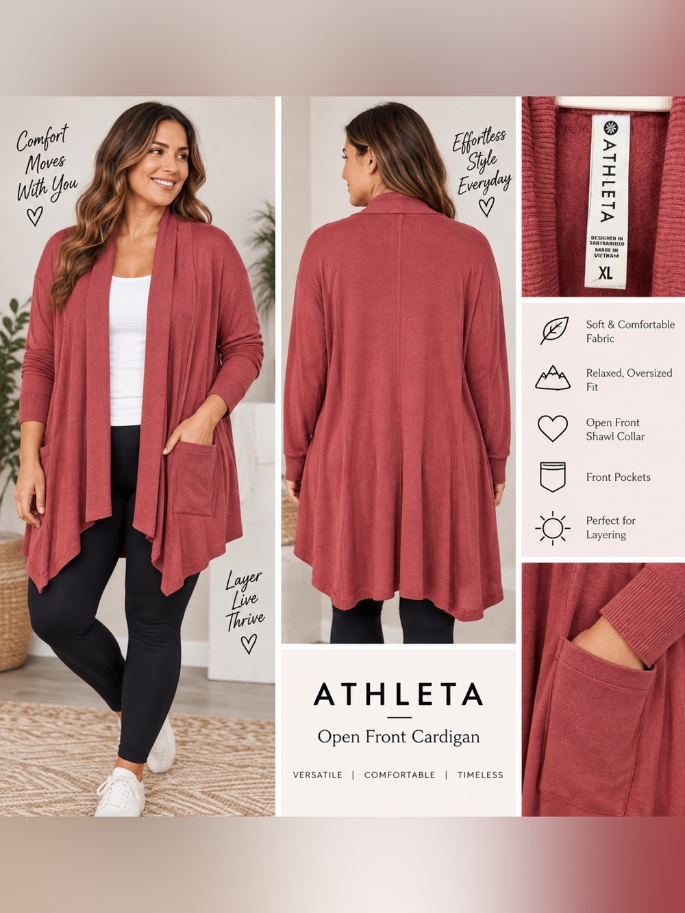 Athleta XL Dusty Rose Open Front Shawl Collar Cardigan Wrap Sweater